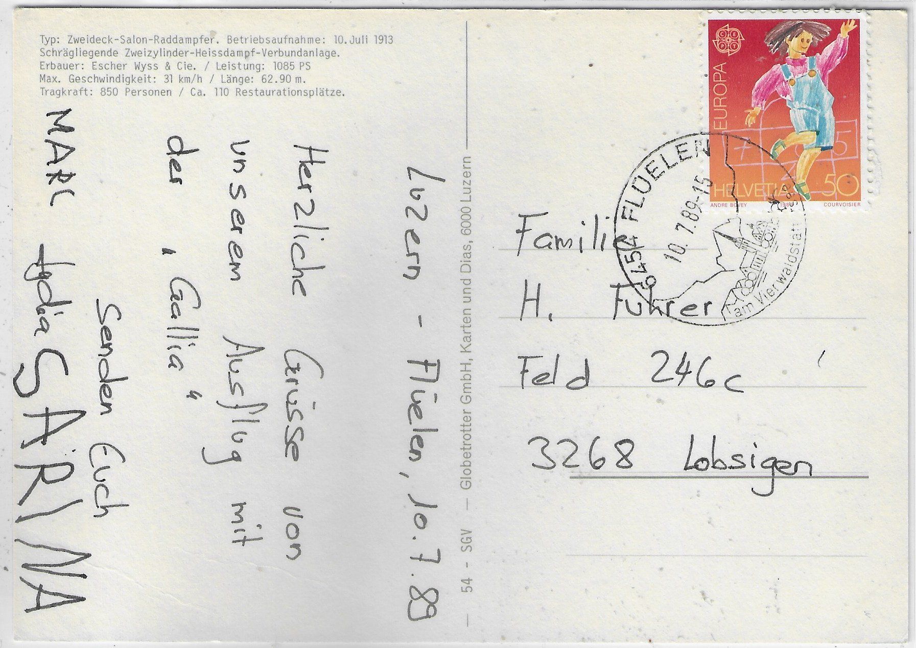 Cartoline postali: Vierwaldstättersee - Dampfschiff Gallia 1913 – Usato da Ettingen venduto da Kartenplanet 1
