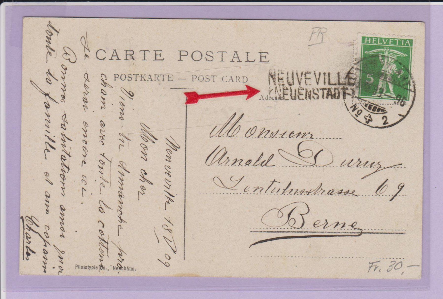 Cartoline postali: La Neuveville   :   alte Ansichtskarte und Stabstempel 1909 – Usato da Vitznau venduto da Ropaku 1