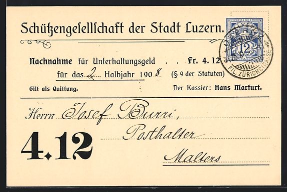 Cartoline postali: Luzern, Quittung der Schützengesellscha – Usato da Berlin venduto da bartko-reher