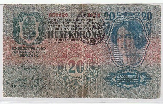 Banconote: 20 CORONE - ANNO 1913 - AUSTRIA – Usato da CHIASSO venduto da Rochelle59. 1