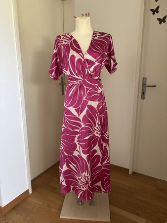 MNG Damen Kleid Wickeloptik pink-weiss Grösse XS 34 neuwerti