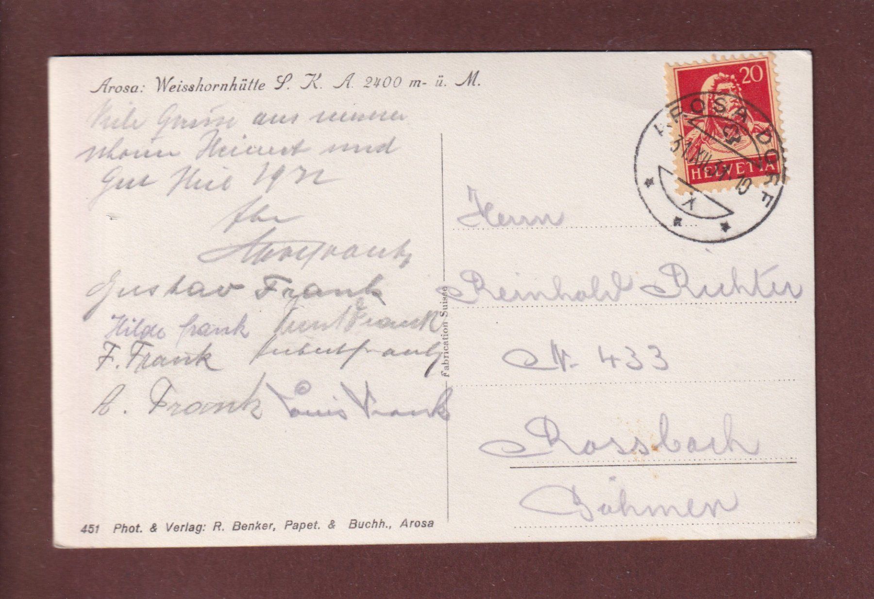 Cartoline postali: AROSA - Weisshornhütte - 1931 – Usato da Pully venduto da nicecards 1