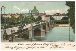 AK Frankfurt am Main, Untermainbrücke, Pferdefuhrwerke 1904