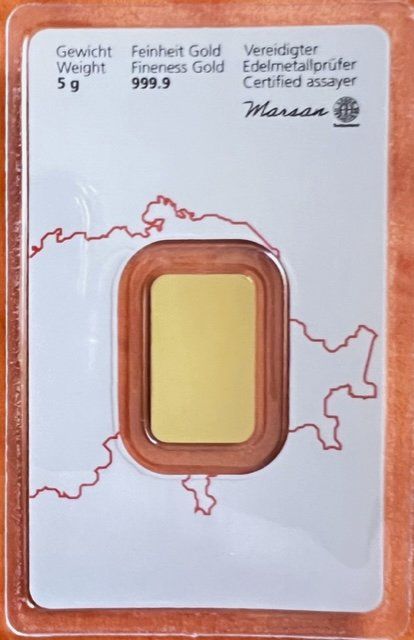 Metalli preziosi: Goldbarren 5 Gramm - Fine Gold 999.9 - Zertifiziert – Nuovo e nell'imballaggio originale da Neuhausen venduto da Hs8 3