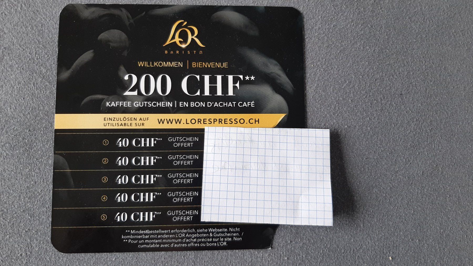 Buoni: L`Or Gutschein 5 x CHF 40 – Nuovo (secondo la descrizione) da Aarburg venduto da i_c6r8