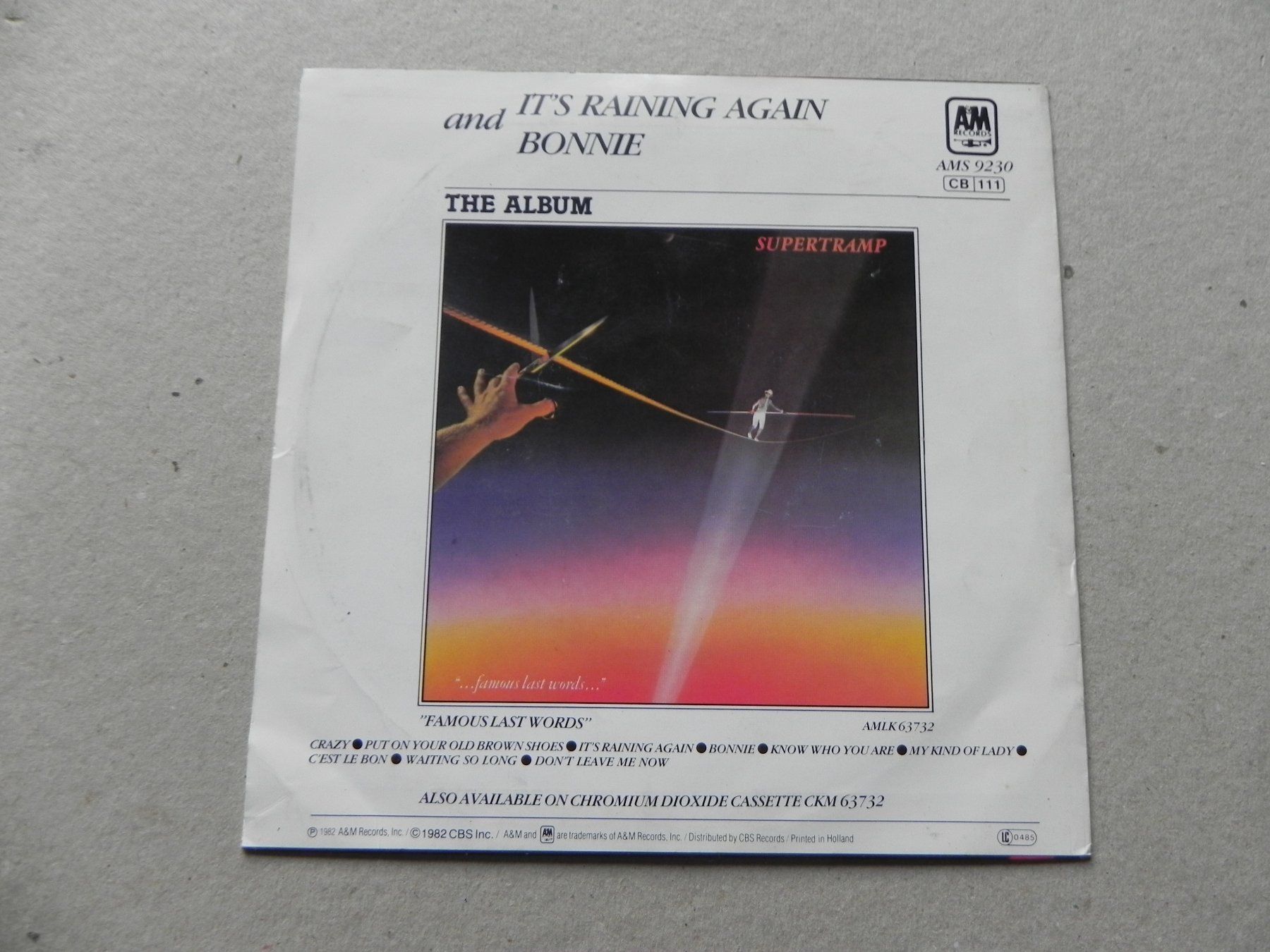Dischi in vinile: Single 7 " Brit. Rock Pop Band Supertramp 1982 It`s raining – Usato da Siebnen venduto da krimsie 1