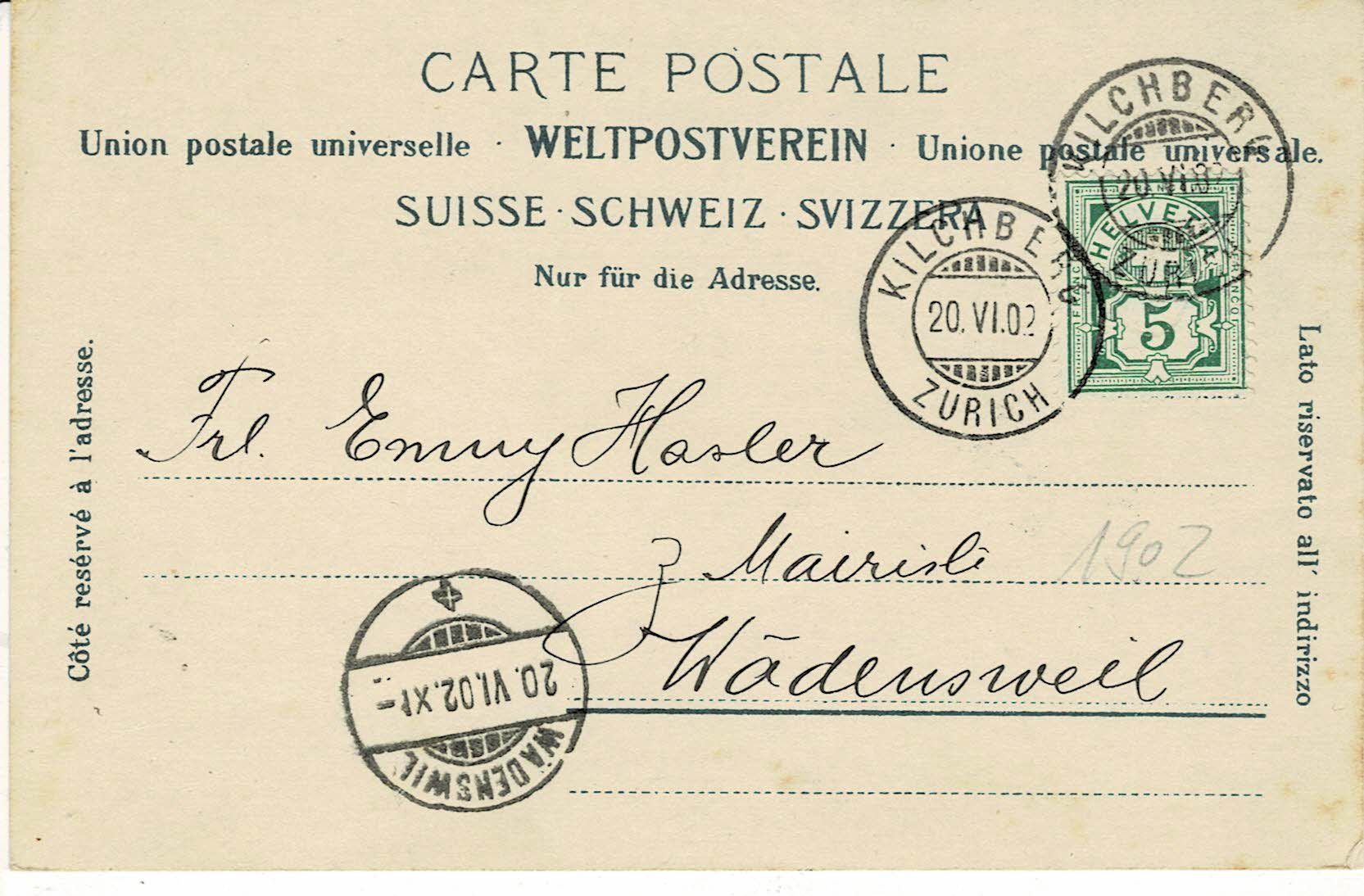 Ansichtskarten: BENDLIKON ZH gel. 1902! – Gebraucht aus Hergiswil NW von Kartenfrau 1