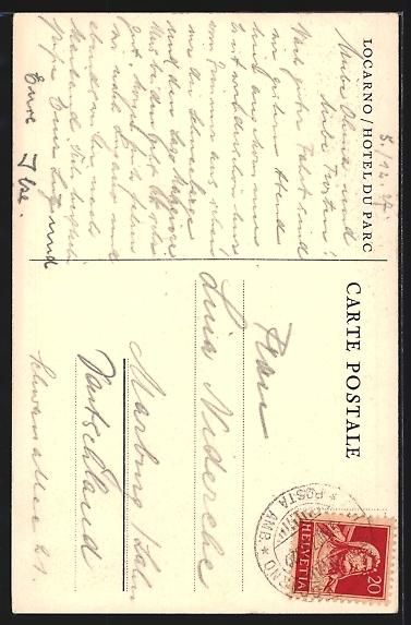 Cartoline postali: AK Locarno, Hotel du parc – Usato da Berlin venduto da bartko-reher 1