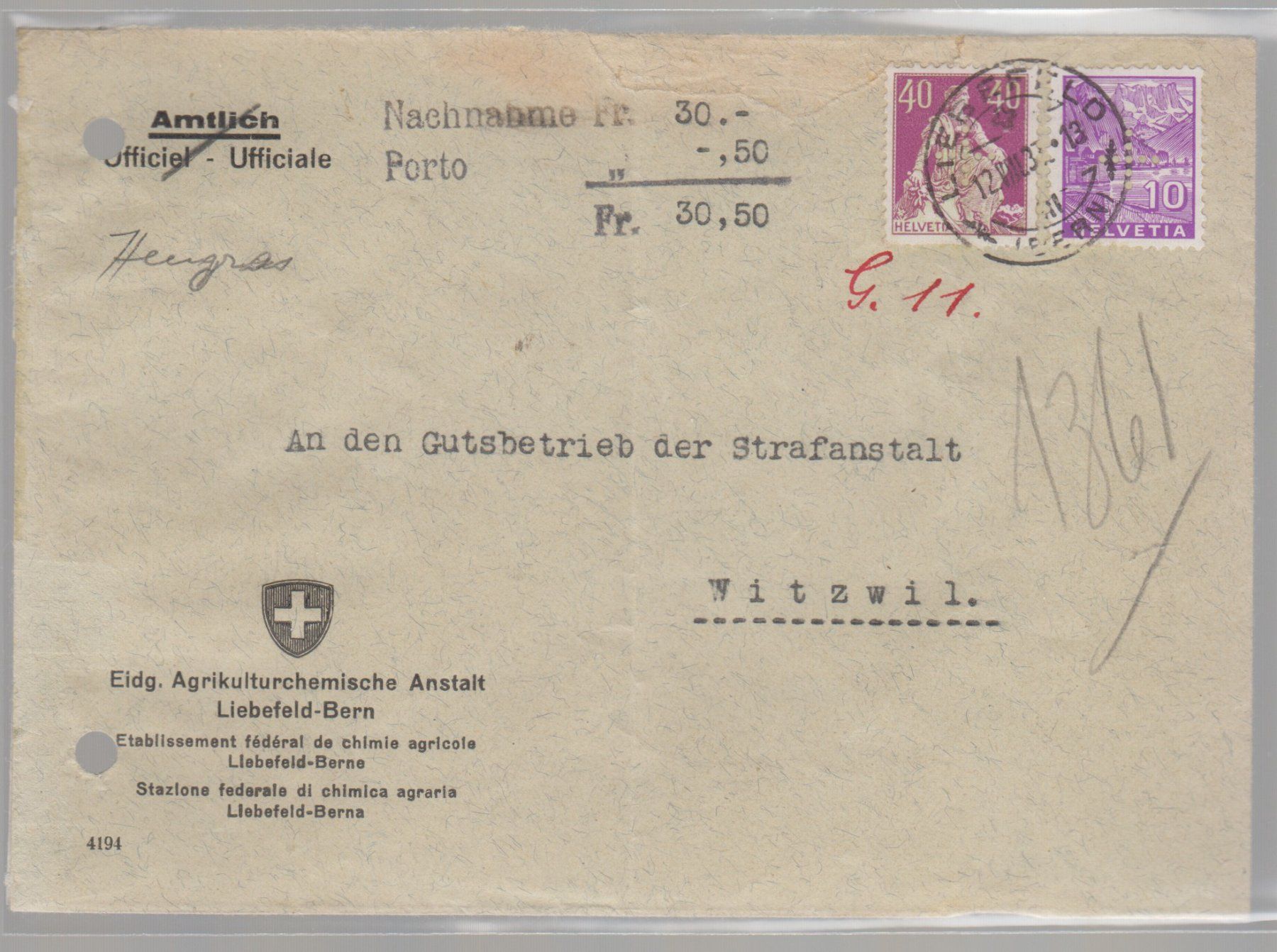 Tous les timbres: Timbre administratif 3 + 9 sur  lettre 200.-- – D'occasion à Boécourt par Denteles66
