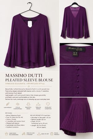 Massimo Dutti Plum Purple Pleated Sleeve Blouse – XS
