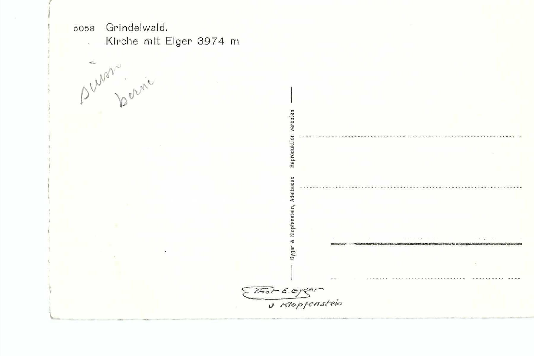Ansichtskarten: Grindelwald Kirche mit Eiger , Phot. E. Gyger u Klopfenstein – Gebraucht aus Thun von 44wart 1