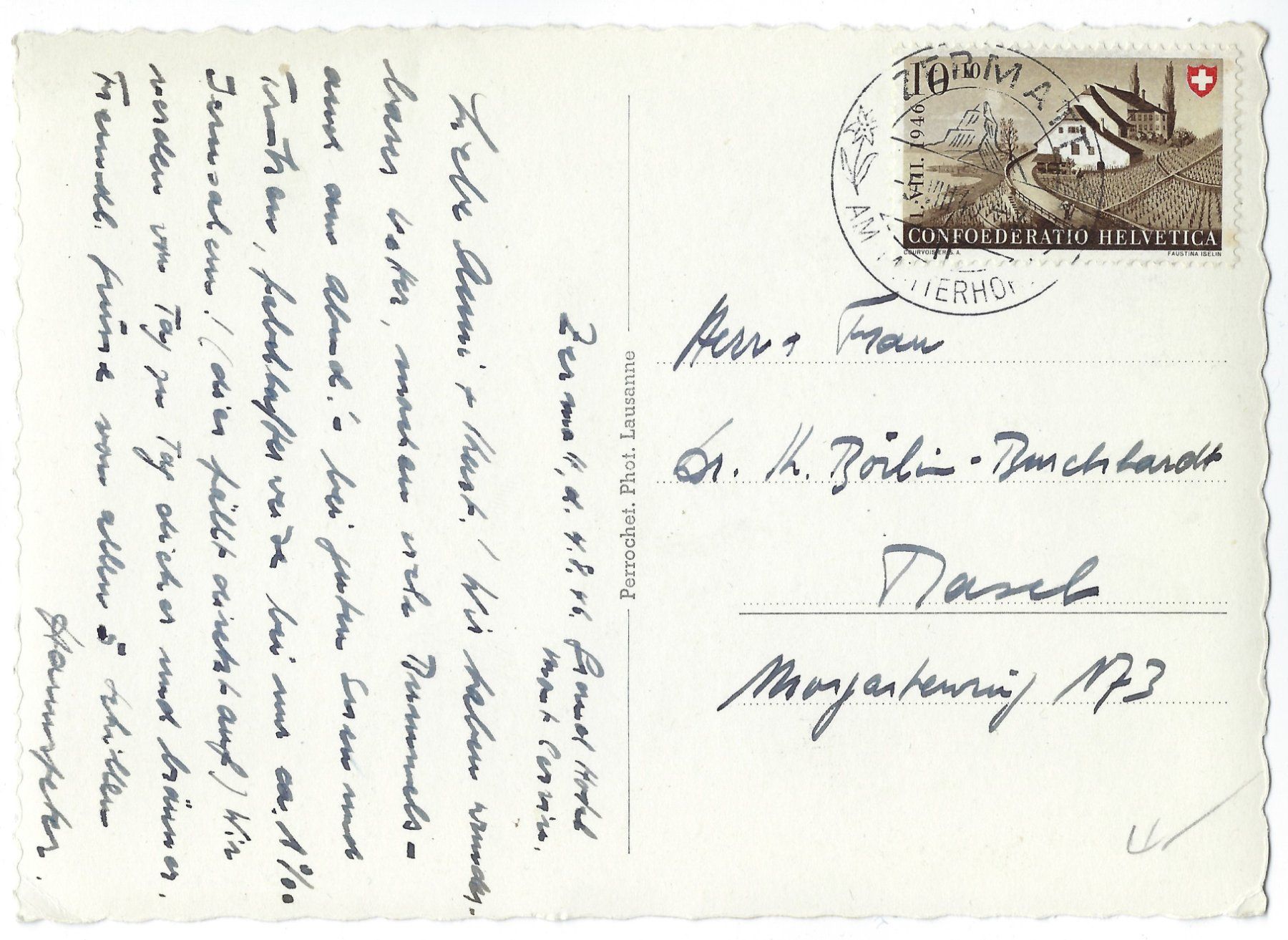 Alle Briefmarken: 1946 Ansichtskarte von Zermatt mit passendem Kurortstempel – Gebraucht aus Morgarten von mech58