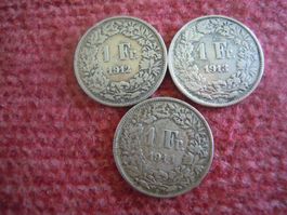 3 x Silber - Einfränkler, Jahrgänge 1912 / 1913 / 1914