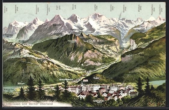 Cartoline postali: Interlaken, Gesamtansicht mit Berner Obe – Usato da Berlin venduto da bartko-reher