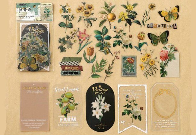 50er-Pack Aufkleber Blumen & Blätter – Bunt, PVC, 6x6 Cm, Wasserabweisend
