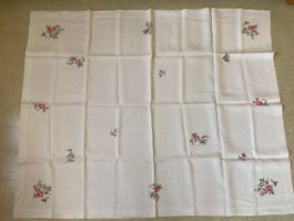 Tischtuch & 8 Servietten, weiss, Rosen-Stickerei, Vintage