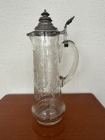 Bierkrug Glas mit Zinndeckel graviert guter Zustand