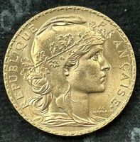 5 Stück 20 Franken Goldmünze Hahn 20 FRF 1902, guter Zustand