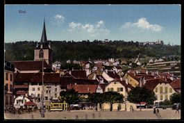 AK Biel, Ortsansicht mit Kirche und Uferpromenade