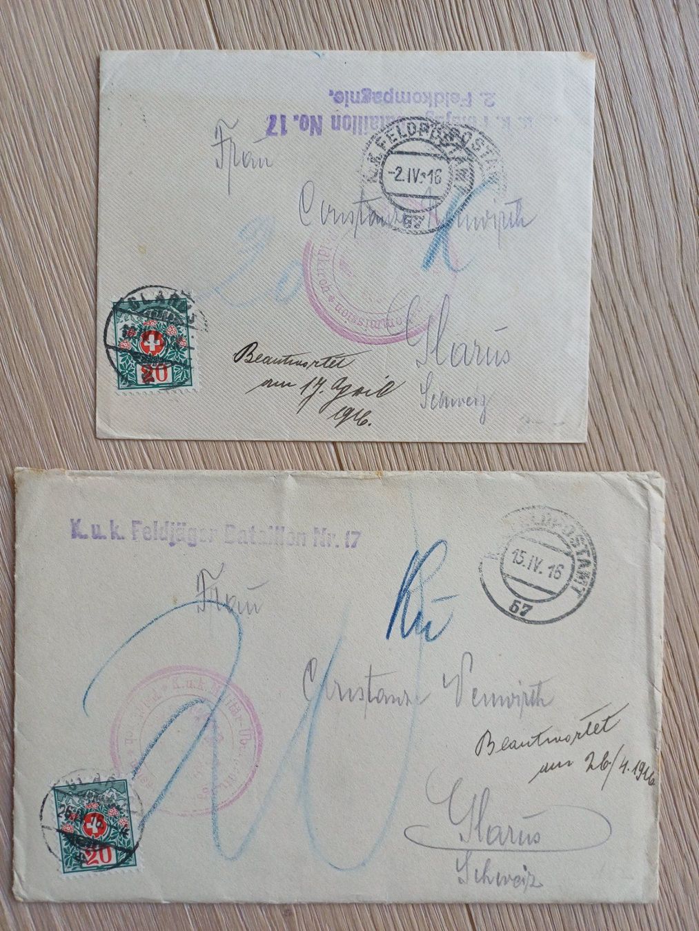Tutti i francobolli: 1916 Glarus - 2x Feldpostbrief - Feldjäger Batallion Nr.17 – Usato da Beringen venduto da Goeppeli