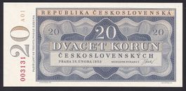 Tschechoslowakei 20 Korun UNC 1953
