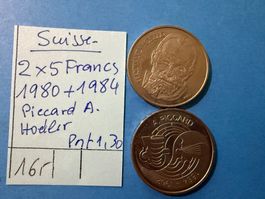 SUISSE 2 X 5 FRANCS 1980+1984 - Picard - Hodler