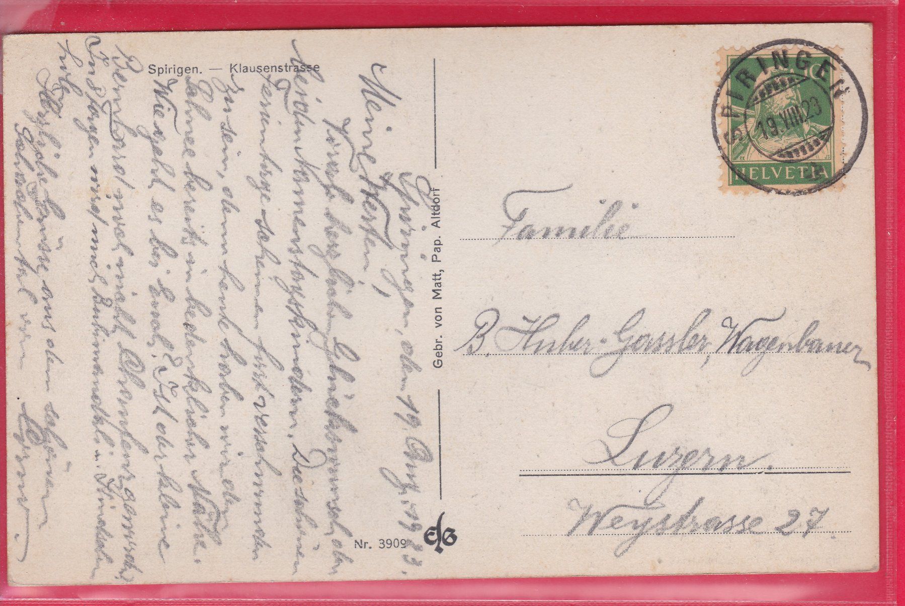 Cartoline postali: SPIRIGEN - KLAUSENSTRASSE, 19.8.19+23 – Usato da Oberrieden venduto da Gebirgsstelze 1