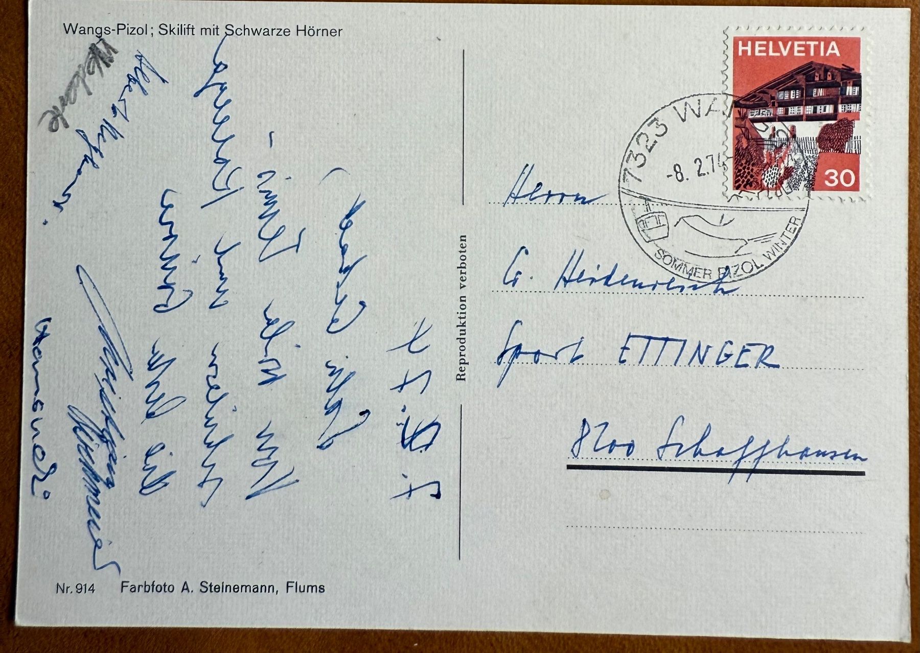 Cartoline postali: Wangs - Pizol - Skilift mit Schwarze Hörner 1974 – Usato da Lutry venduto da Ediego 1