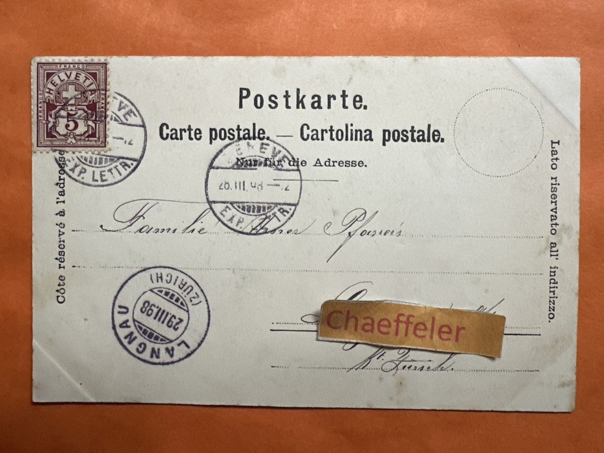 Ansichtskarten: 1898  Genève. Les Mourttes – Gebraucht aus Zürich von Chaeffeler 1