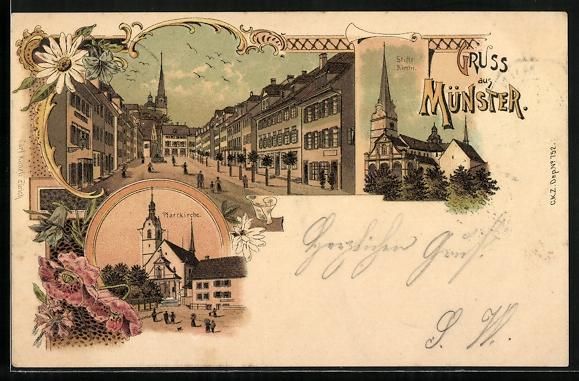 Cartoline postali: Litho Münster /LU, Stiftskirche, Pfarrk – Usato da Berlin venduto da bartko-reher