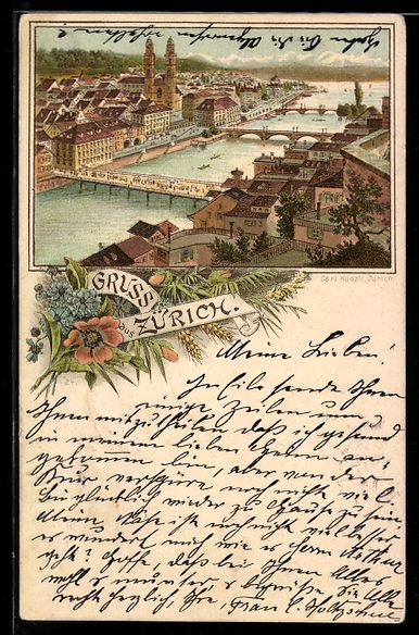 Ansichtskarten: Litho Zürich, Stadtansicht mit Limmat,  – Gebraucht aus Berlin von bartko-reher