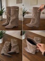 Hohe Wildleder Stiefel taupe / beige-braun Damen Gr. 39 NEU