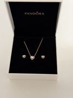 Pandora Gold Rose Heart Halskette + Ohrringe Silber 925 Set