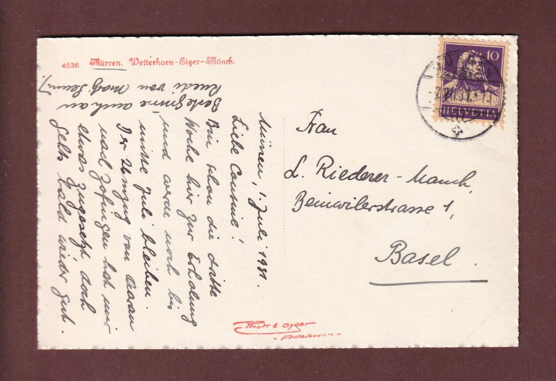 Ansichtskarten: MÜRREN - 1931 E. Gyger – Gebraucht aus Pully von nicecards-shop 1