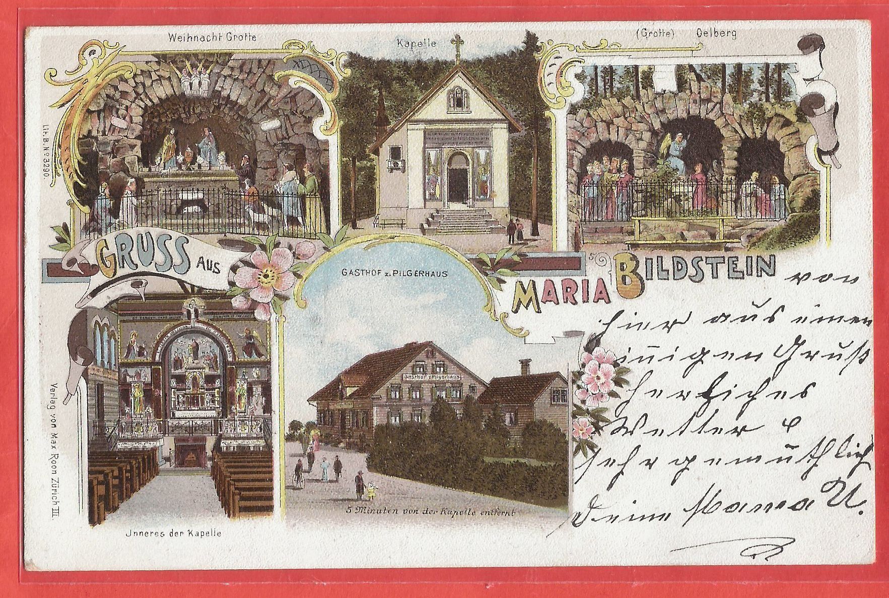 Cartoline postali: Maria Bildstein mit Gasthaus Pilgerhaus - Litho 1904 – Usato da Fislisbach venduto da Porano