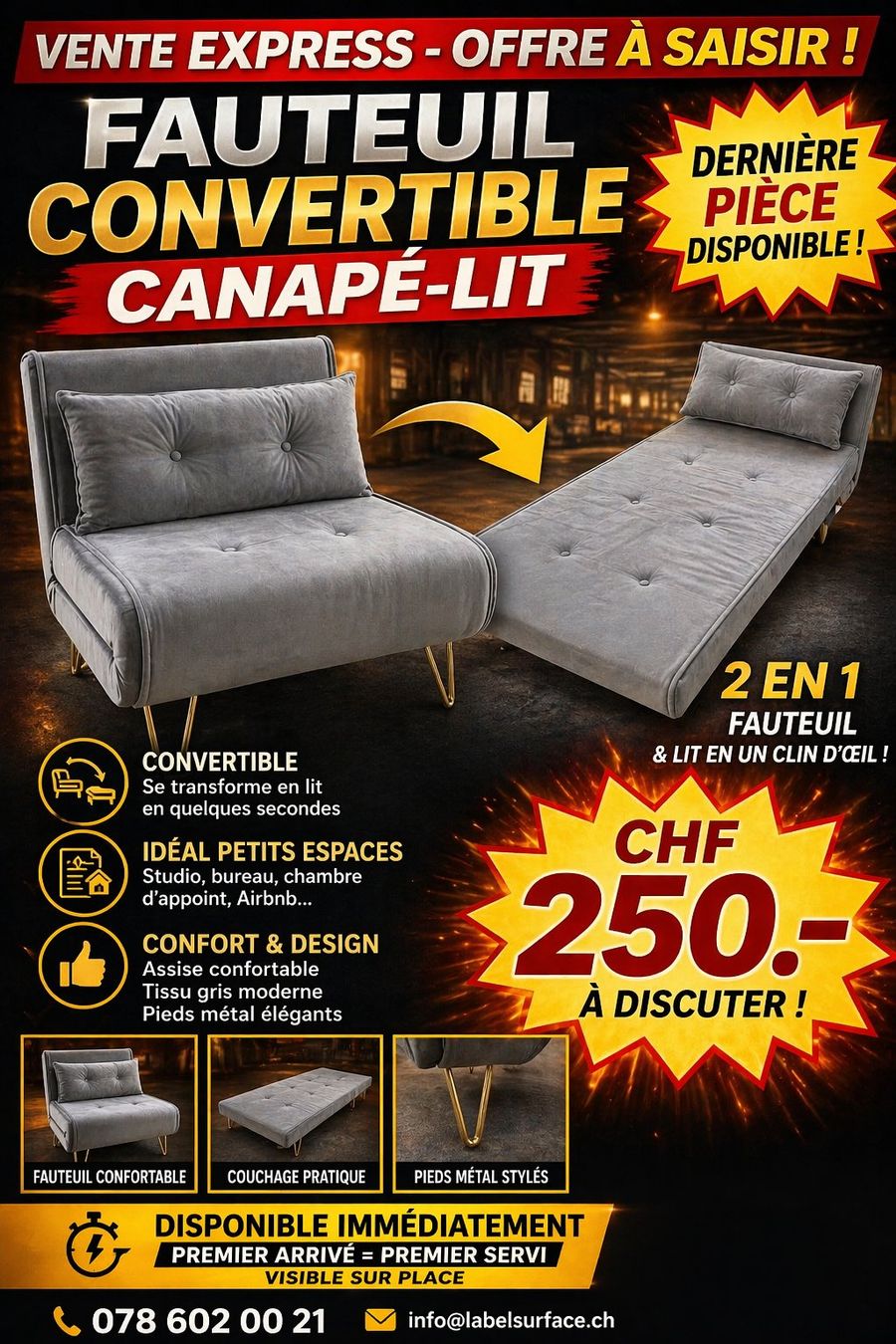 Sessel: Fauteuil convertible gris, confortable & design! Neuf – Gebraucht aus La Chaux-de-Fonds von clarck01 1