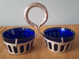 Vintage Salz u. Pfeffer Menage blaues Glas / Alu