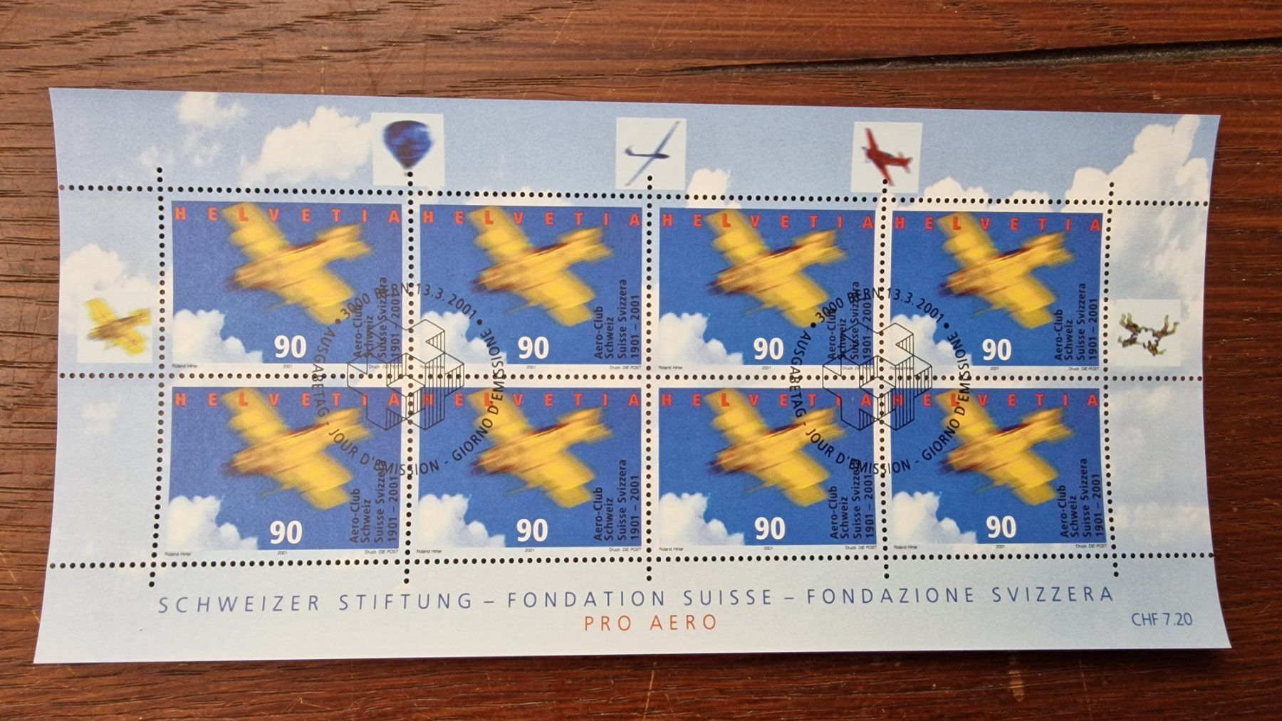 Tutti i francobolli: 2001 Aeroclub Schweiz - Kleinbogen Kat.Nr.1016 - ET + – Usato da Aesch LU venduto da briefmarken.uray
