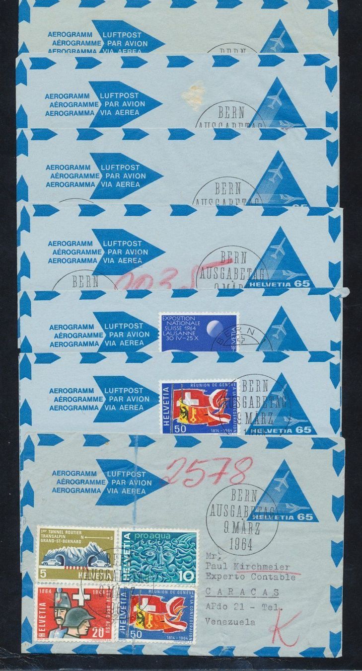 Tutti i francobolli: 1964  7 Stk. Aerogramme FDC – Usato da Schnottwil venduto da Chasarmar
