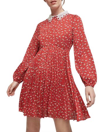 Maje Kleid Raina rot mit Pferde Motiv Bubikragen weiss 40