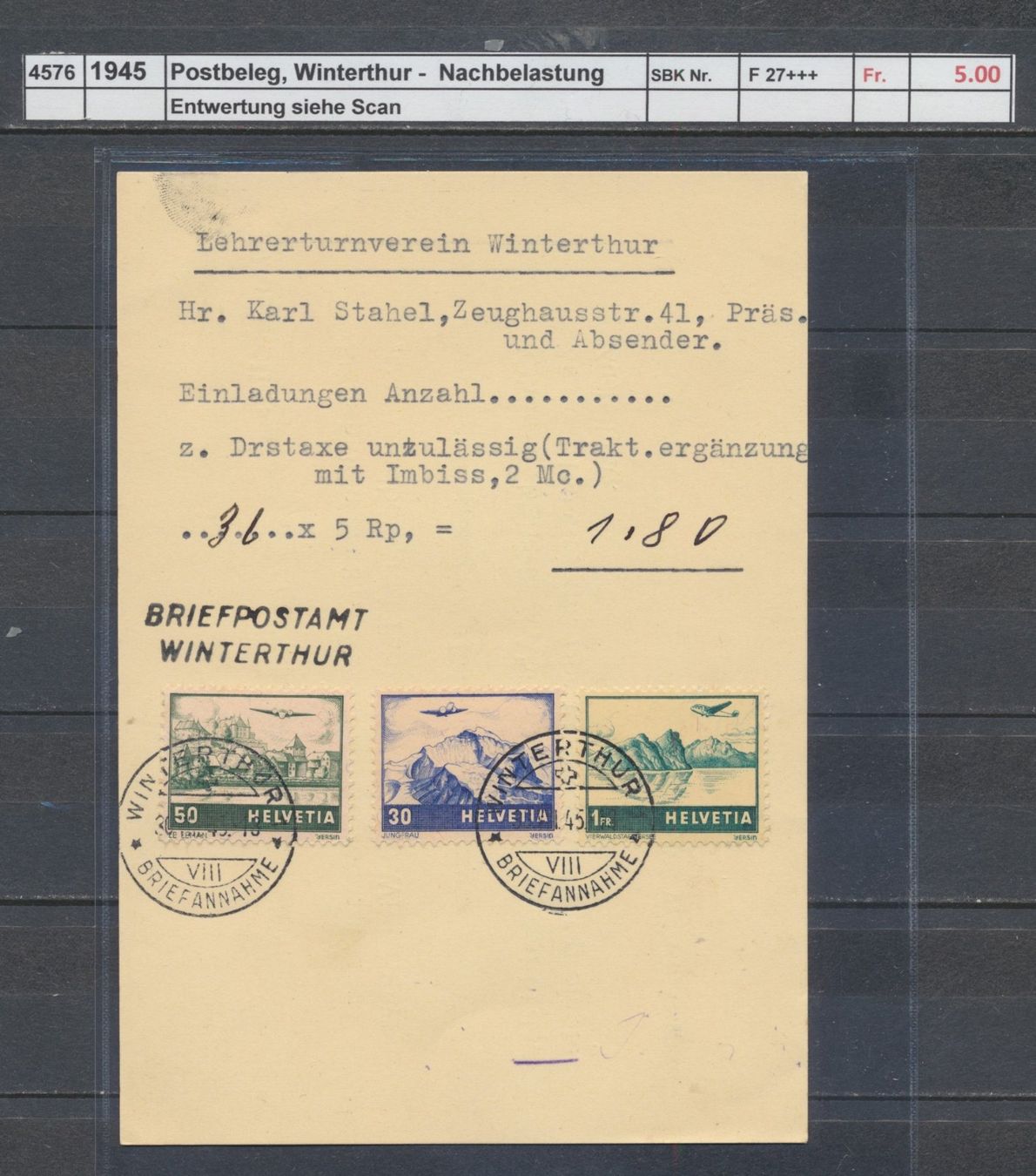 Alle Briefmarken: 1945 Postbeleg, Winterthur Post - Nachbelastung – Gebraucht aus Winterthur von Zupogeru