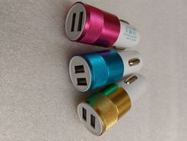 Pink, Blau oder Gold Alu Style Dual-USB Ladegerät für Auto