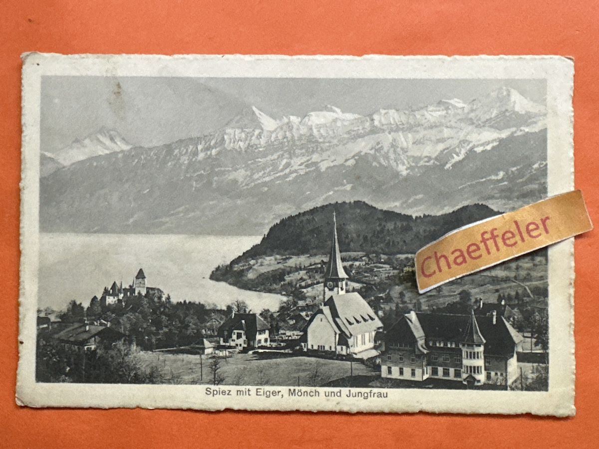 Cartoline postali: 1913 Spiez mit Eiger, Mönch und Jungfrau – Usato da Zürich venduto da Chaeffeler