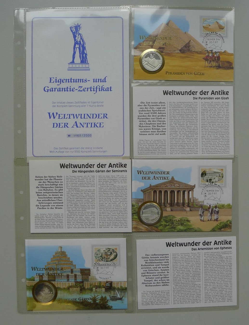 Tutti le monete: 1997, Numisbriefe "Weltwunder der Antike" mit 7 Silbermünzen – Usato da Sursee venduto da Luzernerraute 1