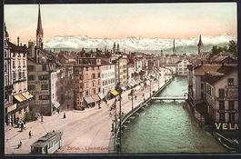 AK Zürich, Limmatquai, Strassenbahn