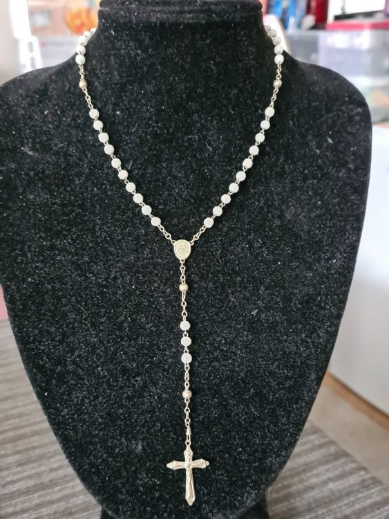 Halskette Rosenkranz mit Weiße Perlen Kreuzanhänger, Silber 1