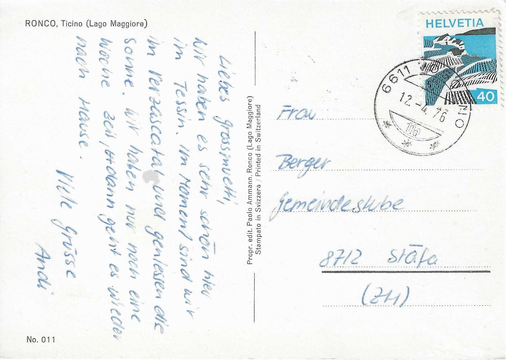 Cartoline postali: Ronco TI – Usato da Rothrist venduto da Stranglehold 1