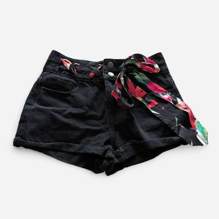 Black Denim Shorts with Scarf Detail