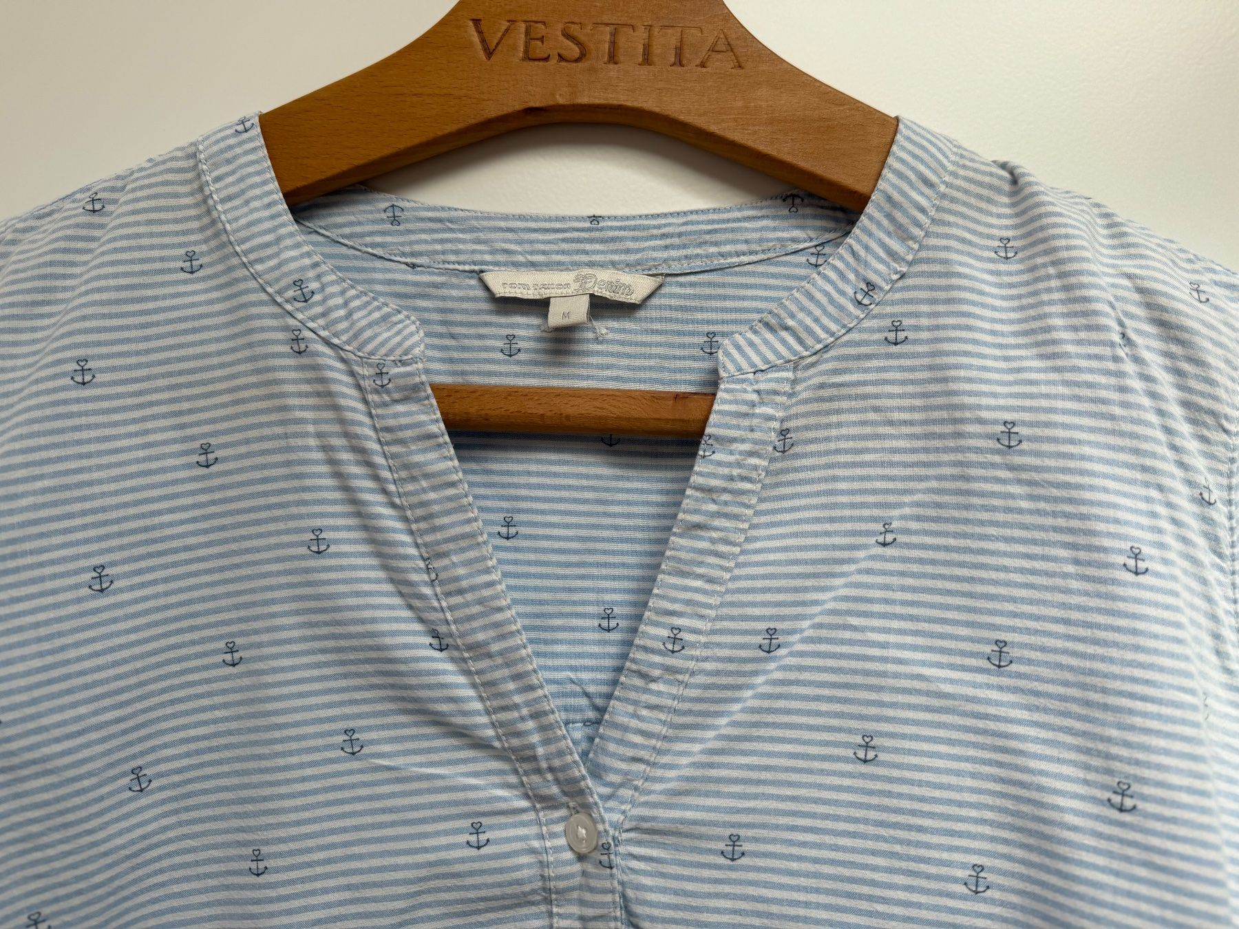 Tom Tailor Camicette: Tom Tailor Bluse, hellblau gestreift, Gr. M, Ankerprint – Usato da Lyss venduto da Landleben0 1
