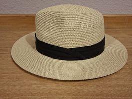 Strohhut Beige mit Stoffband, Grösse M, 100% Papier